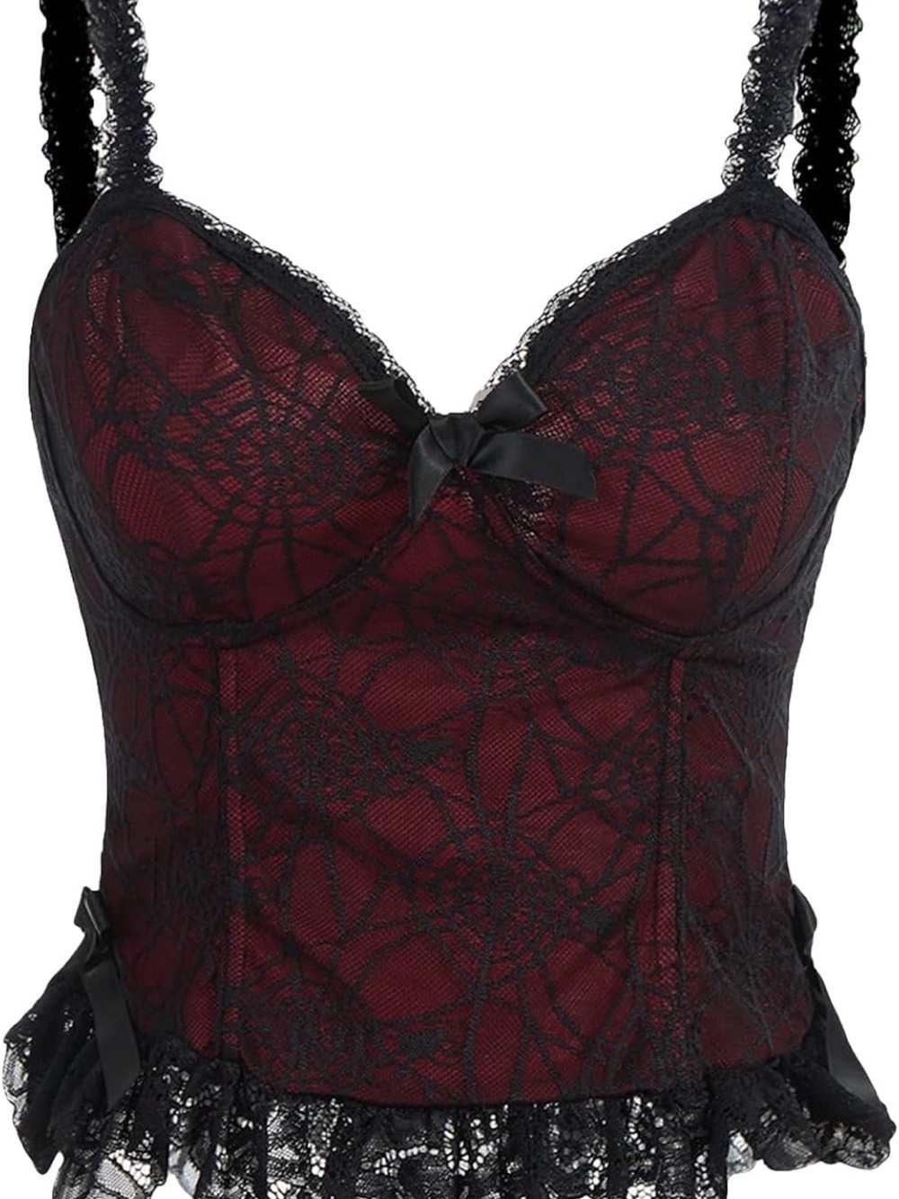 Lace-Overlay Red Top with Black Trim